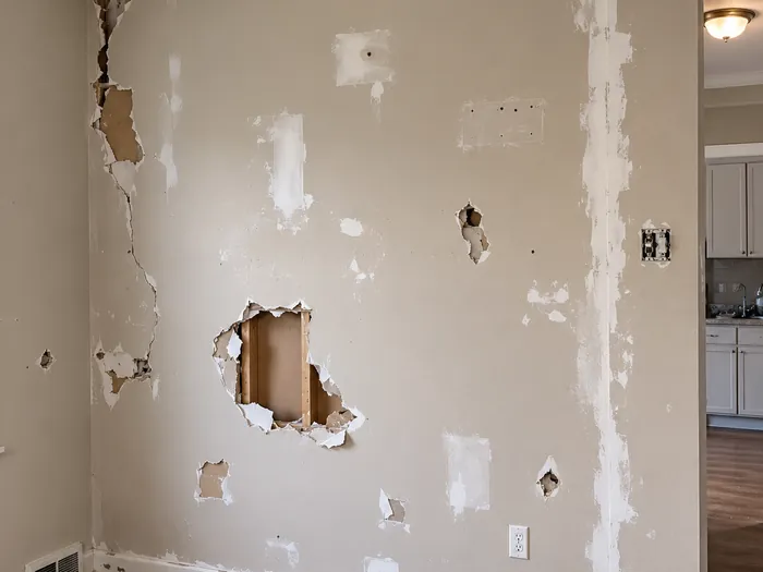 Damaged drywall with holes before repair