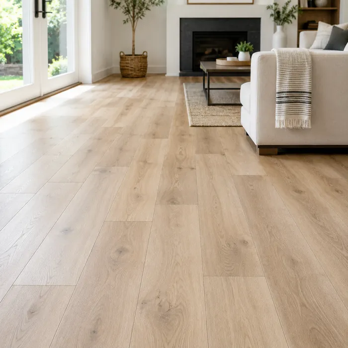 Living room with finished wood-look laminate floor