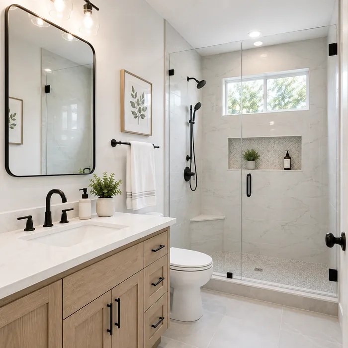 Remodeled bathroom with glass shower and tile