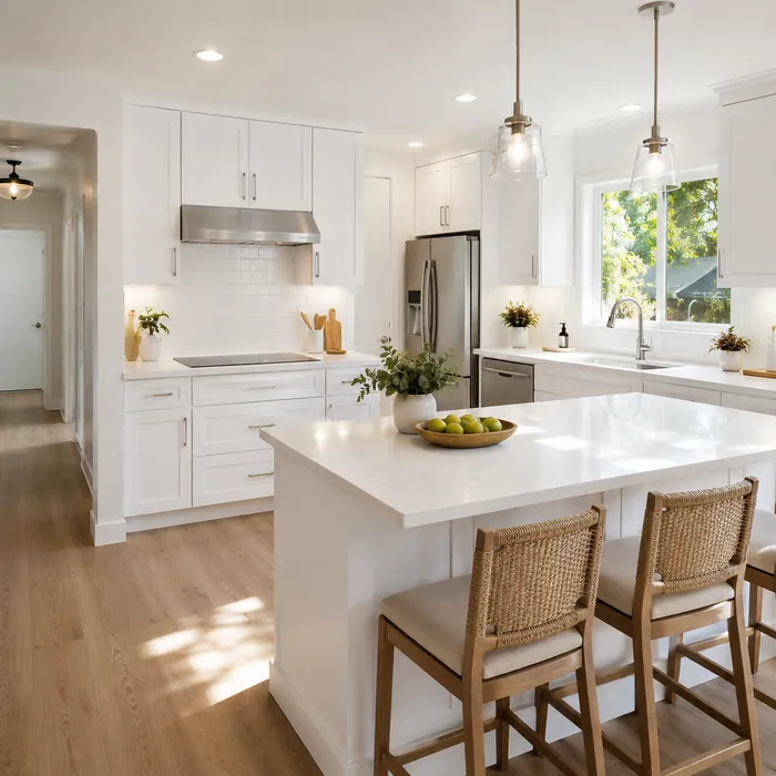 Remodeled kitchen with white cabinets and island